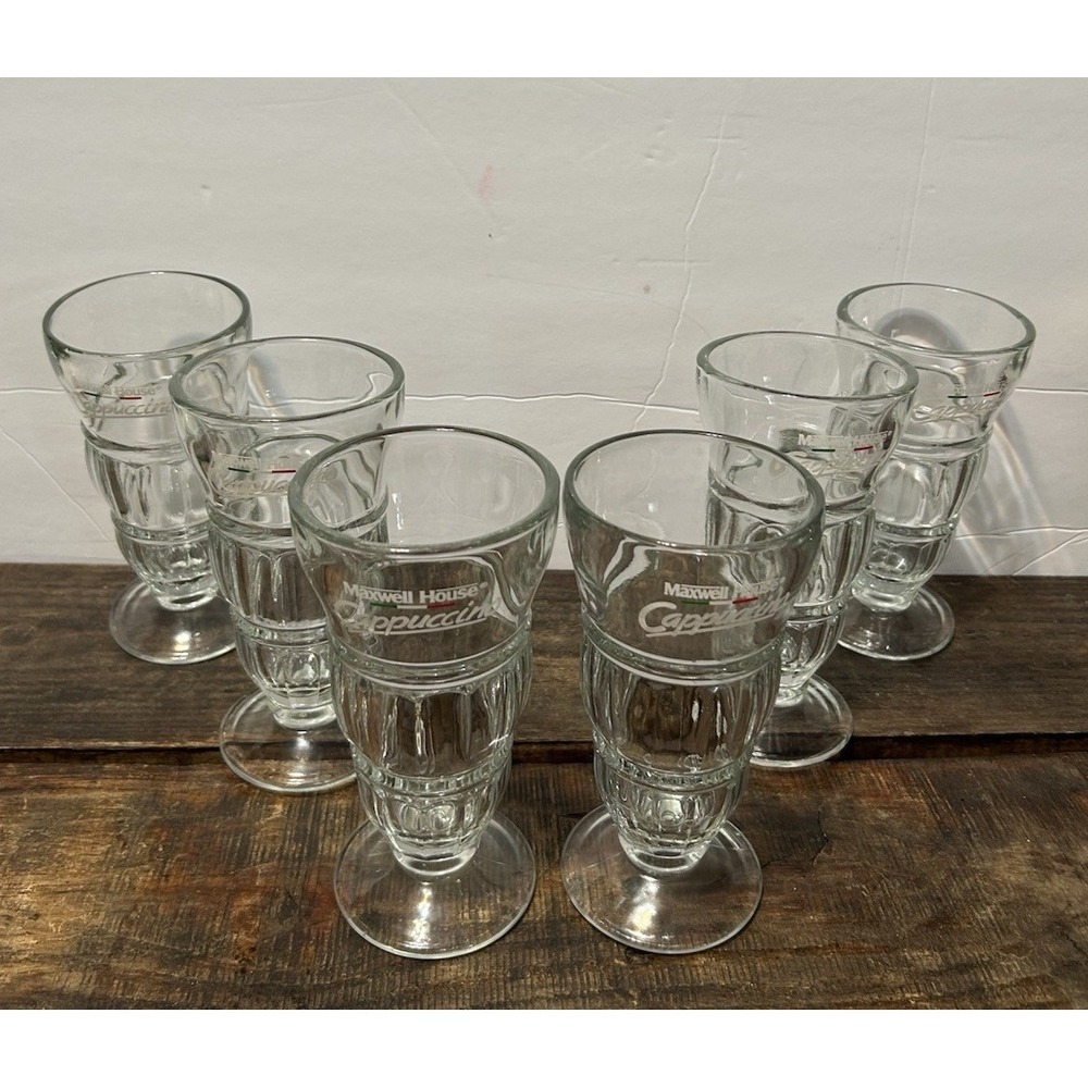 Maxwell House Cappuccino Coffee Glass Clear Pedestal Dessert Ice Cream Set/6
